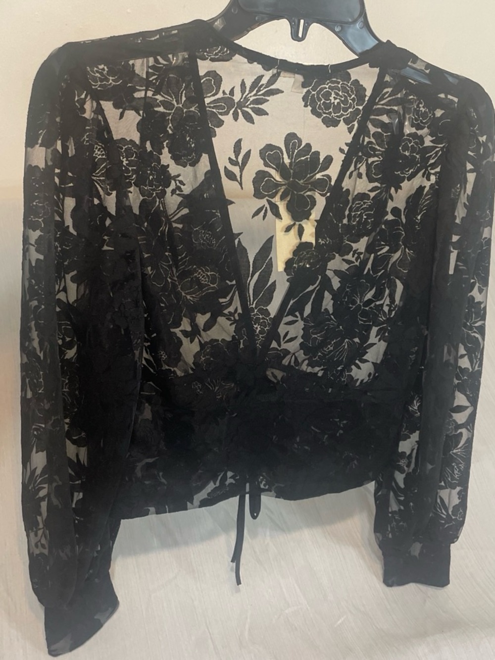 New With Tag Whimsygoth Dark feminine Sheer Black Floral Lace Top Size M - Picture 6 of 8